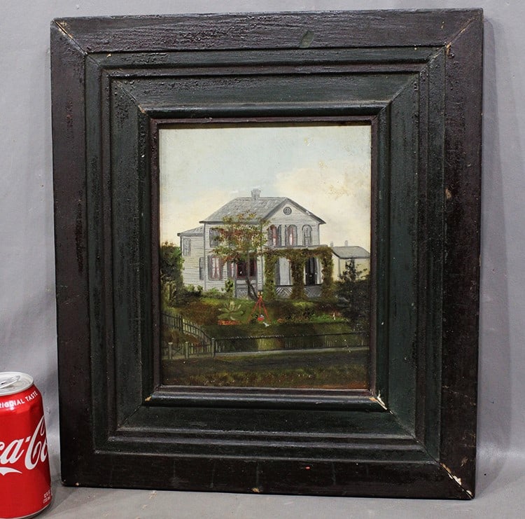 Early 19th C. oil on canvas of a country farm house. Early frame, writing on the back. Estate fresh (1 of 4)