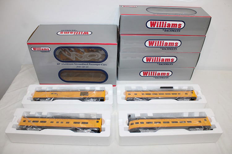 Williams 60" aluminum streamline passenger cars. 4 car set, brand new in the box. Private collection (1 of 4)