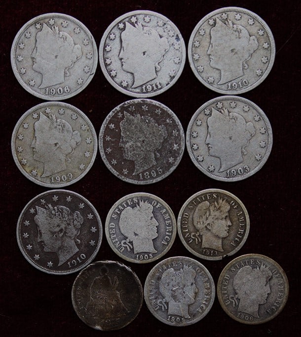 1875 CC Liberty Seated Dime, (4) Barber Head Dimes, (7) Liberty Head V-Nickels (1 of 3)