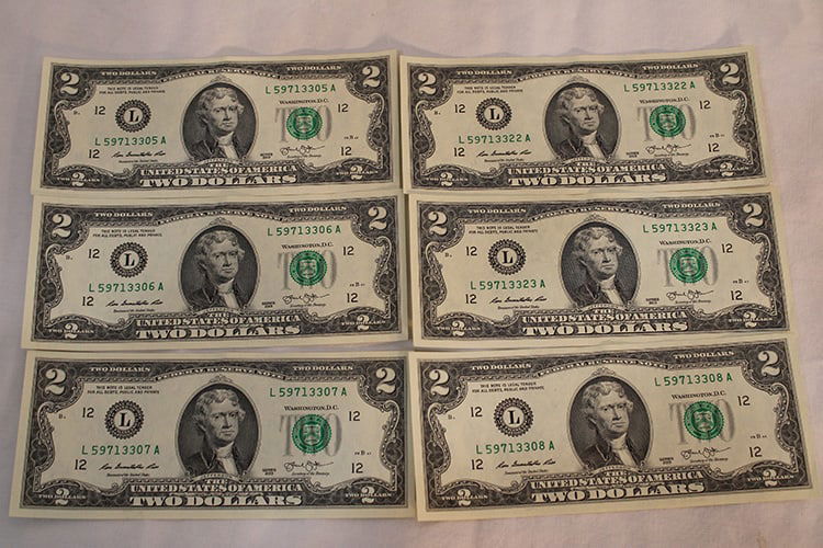 6 Real Clean 2013 $2 Bills, 4 In Consecutive Order: 6 real clean 2013 $2 bills, 4 in consecutive order. The other two are 14 and 15 away. No folds, been in a sleeve for over 10 years. Estate fresh.