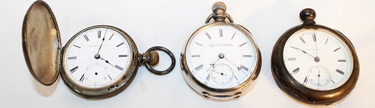 3 Coin Silver Watches, (2) Elgin, (1) Hampden Watch Co. Works, Marked Hayward (1 of 5)