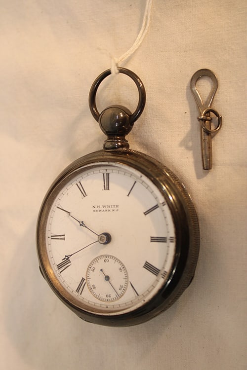 Sterling Silver Pocket Watch By Bartlette, Running: Sterling silver pocket watch by Bartlette, running. Marked N.H. White Newark NJ. Estate fresh. 3.25" long.