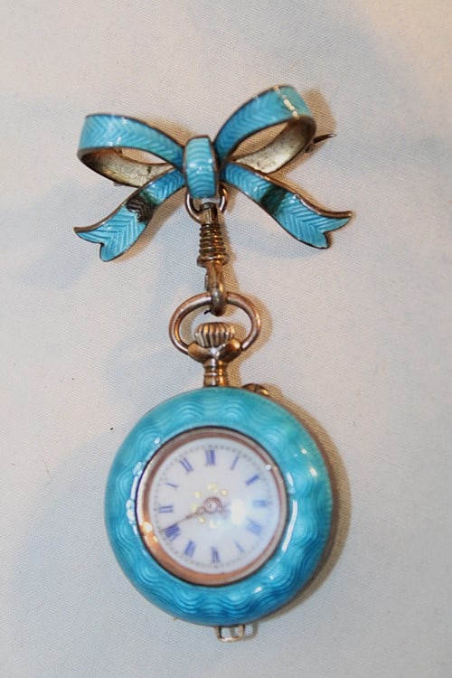 Wonderful Blue Enameled Pocket Watch With Matching Ribbon Pin In The Original Case, Working (1 of 6)
