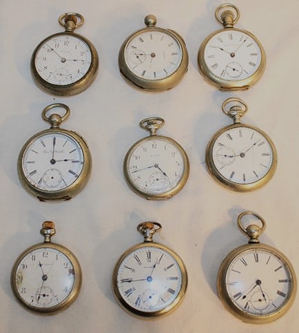 9 Antique Pocket Watches, (1) Interior (Fahy's Oresilver, Elgin, Waltham, Seth Thomas) (1 of 5)