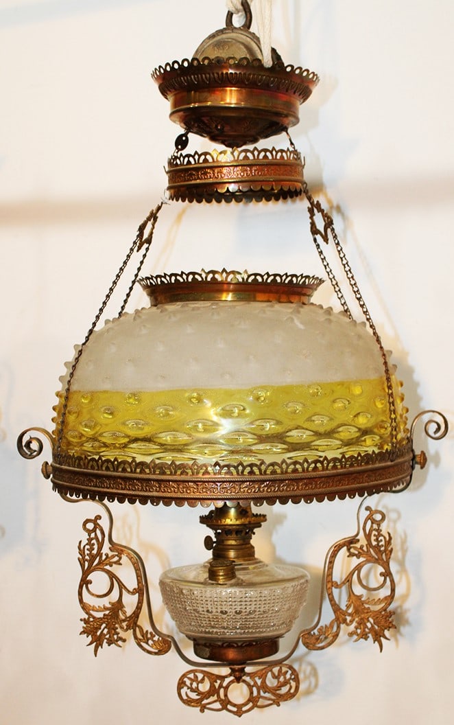 Super Victorian Pull Down Parlor Lamp With Vaseline Hobnail Shade (1 of 4)
