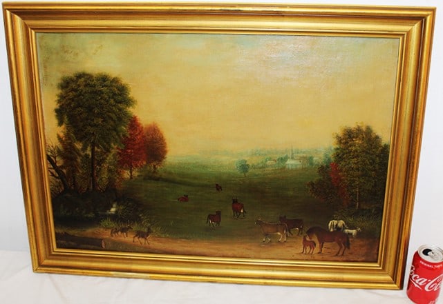 Super Folky Painting Oil On Canvas Probably 19Th C.: Super folky painting oil on canvas probably 19th C. with cows, deer, and early village in the background. Have not taken it out of the frame to check for a signature. Possibly a signature in the right
