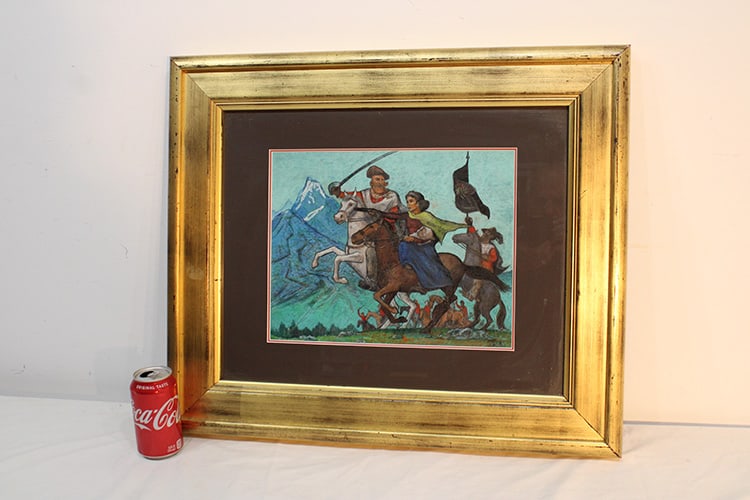 Stuyvesant Van Veen Painting Of A Charging Scene Of A Mother And Newborn Riding A Horse And Firing A: Stuyvesant Van Veen painting of a charging scene of a mother and newborn riding a horse and firing a gun. Well done, nicely framed. Stamped on back, great colors. With frame is 26" wide, 22" tall.