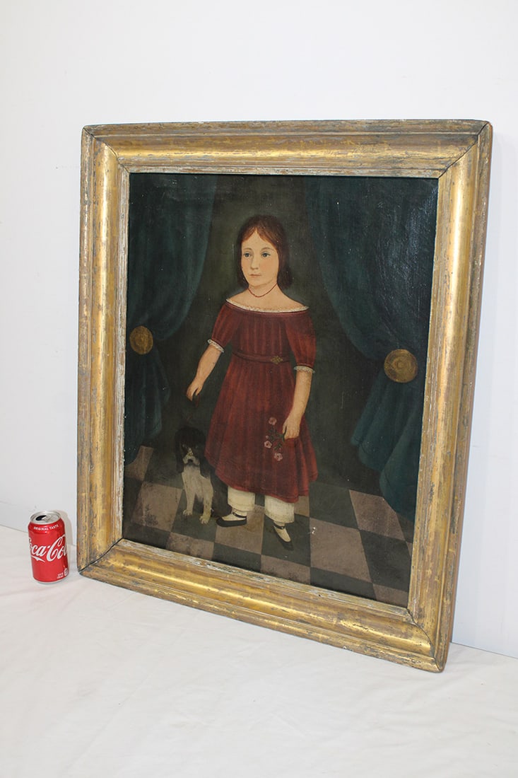 Fine American School Early 19Th C. Folk Art Portrait Of A Girl And Her Dog (1 of 8)
