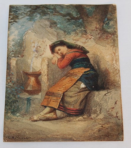 Fine Artist Signed Painting Camino (Charles) 1824-1888: Fine artist signed painting Camino (Charles) 1824-1888 in an early frame written on back in French. Estate fresh, painting of a girl sleeping by a fountain. 4" wide, 5" tall.