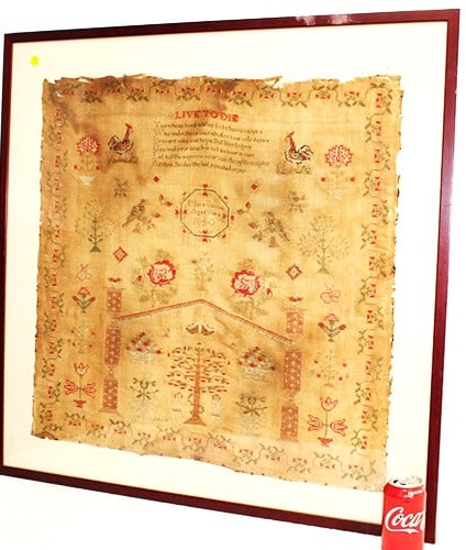 Awesome 1840s Multicolored Sampler With Adam And Eve, Roosters, Birds, Butterflies, Flowers, Etc.: Awesome 1840s multicolored sampler with Adam and Eve, roosters, birds, butterflies, flowers, etc. by Mary Bisson age 8. Put in a nice frame, frayed around edge, some browning (see photo). Without fram