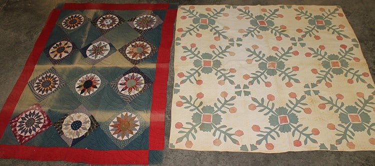 2 Antique Hand Made Estate Fresh Quilts: 2 antique hand made estate fresh quilts. Some staining and fading (see photo).