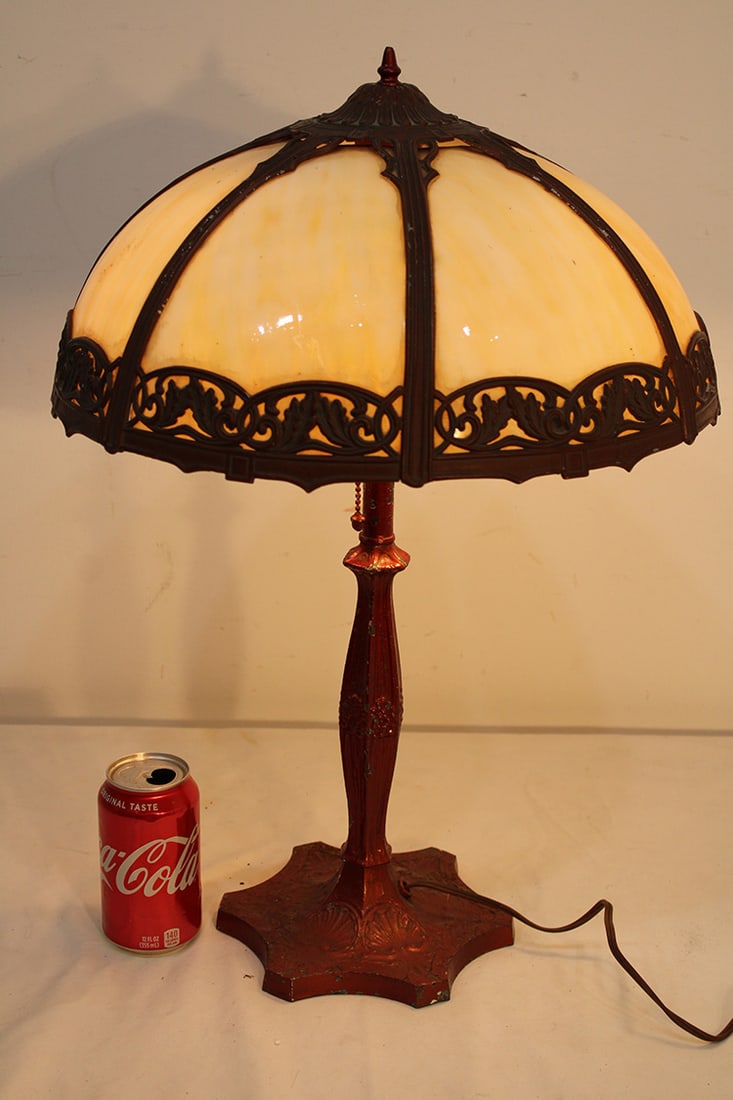 16" Antique Caramel Slag Glass Lamp: 16" antique caramel slag glass lamp. All glass in good condition. 16" wide, 23" tall.