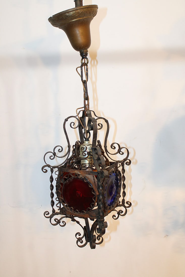 Antique Wrought Iron Hall Lamp With Bulls Eye Glass (1 of 5)