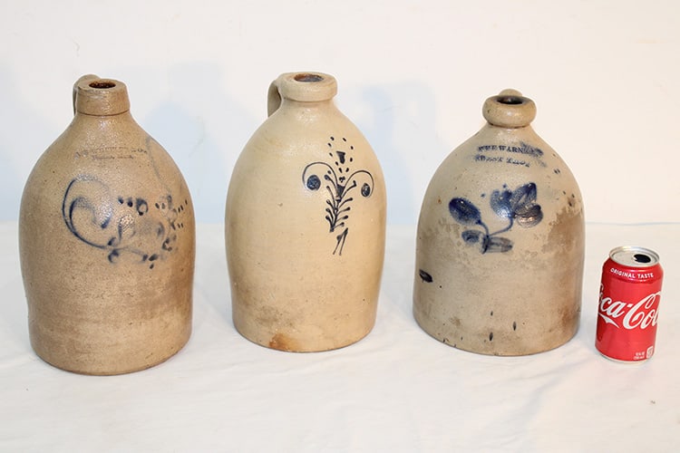 3 Antique Jugs With Blue Decoration: 3 antique jugs with blue decoration. (1) A. B. Wheeler Boston, (1) Warner West Troy. No chips or cracks. Tallest is 12".
