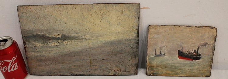 2 Folky Estate Oil Paintings Of 2 Ocean Scenes, 1 Signed (1 of 5)