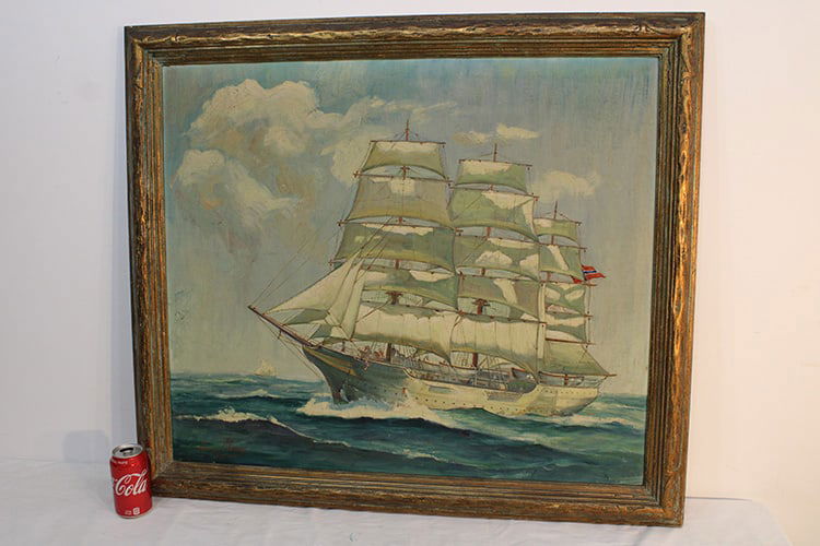 Large Artist Signed Painting Of A Clipper Ship Titled "Sorlandet" (1 of 4)