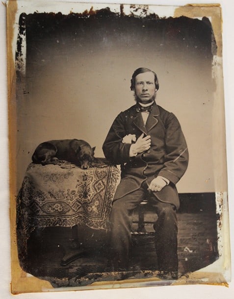 Super Early Half Plate Ambrotype Of A Man With His Dog Sitting On A Homespun Oriental Rug (1 of 3)