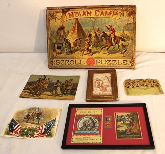 Group Of Antique Indian And American Memorabilia: Group of antique Indian and American memorabilia including 1894 McLaughlin Bros Indian puzzle (don’t know if it's all there). Picture of Sacajawea's gift to America advertising cards, etc.