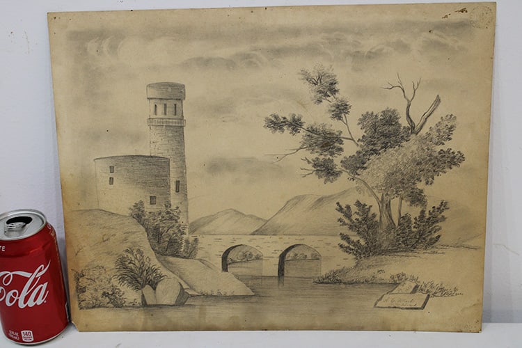 Very Neat Antique Hand Drawn Picture In Pencil On Paper Of A Castle 1857 (1 of 5)