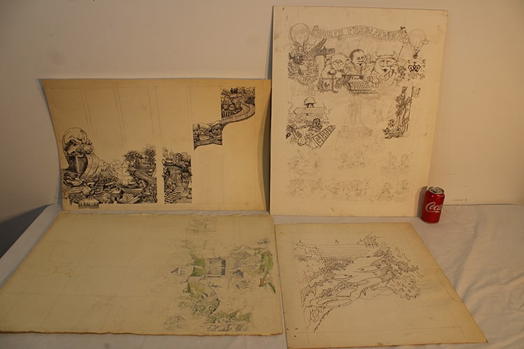 Dozens Of Bruce Macdonald Lithos, Advertising, And Original Book: Dozens of Bruce MacDonald lithos, advertising, and original book. Estate fresh, unframed. Largest is 22" wide, 30" tall.