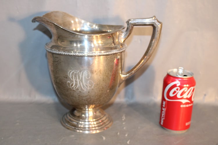 Large sterling silver water pitcher 25.17 ozt. No dents, monogramed. 9" tall. (1 of 5)