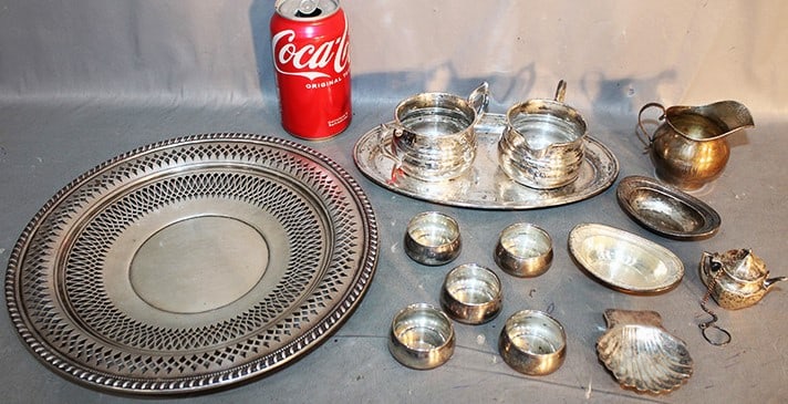 Large group of sterling silver 25.2 ozt including plates, sugar and creamer, salts, etc. (1 of 7)