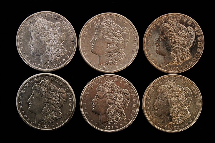 6 Morgan silver dollars in awesome condition (grading quality). 1882-O, 1887, 1900-O, 1921, 1921-D, (1 of 5)