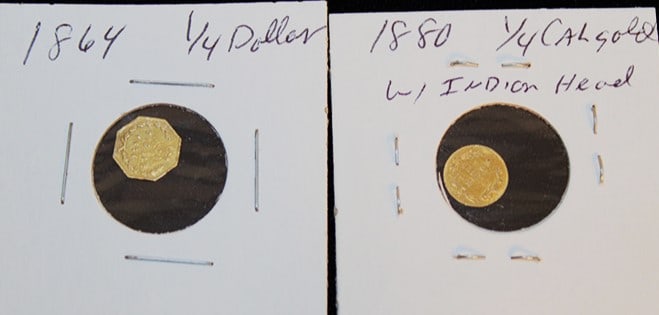 (1) 1880 1/4 Calgold coil with Indian head, (1) 1864 1/4 dollar octagon. Both are in good condition, (1 of 6)