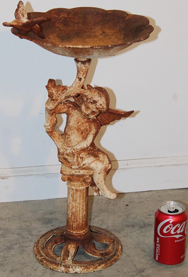 Sweet small iron bird, both with cupid and bird. Has surface rust but metal is all good. 11" wide,: Sweet small iron bird, both with cupid and bird. Has surface rust but metal is all good. 11" wide, 22" tall.