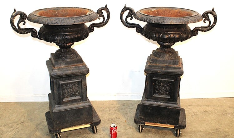 Great pair of 2 piece 38" cast iron urns in nice condition. Great pair. 31" wide, 38" tall, 22" (1 of 7)