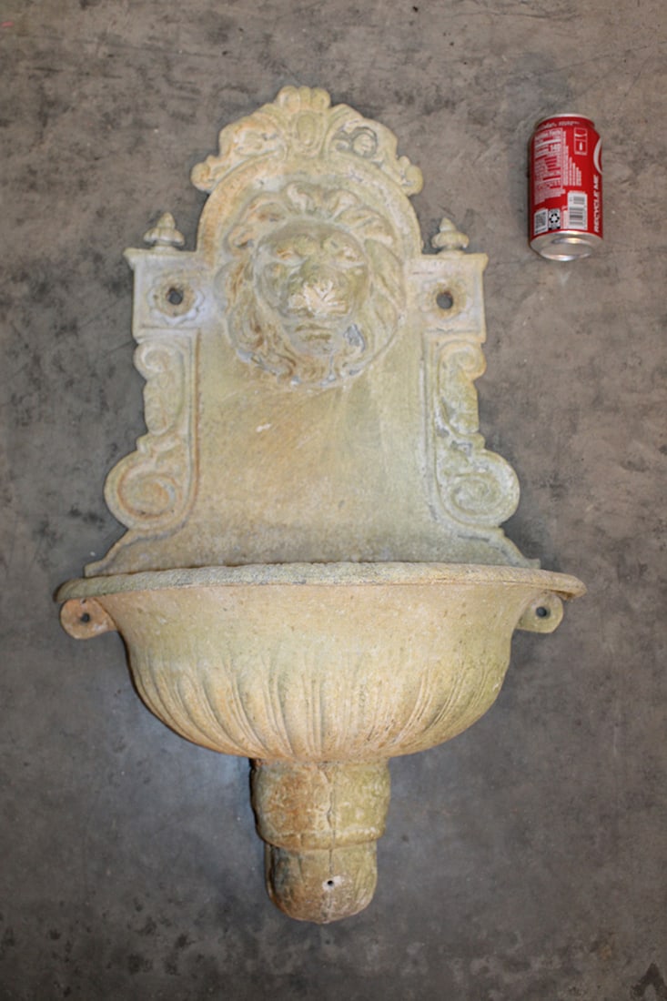 Zinc wall planter with lion head. Has fancy back wall mount. 10" wide, 30" tall. (1 of 4)