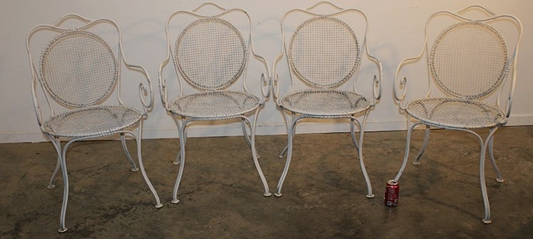 Set of 4 antique iron chairs (probably French) in nice condition. All chairs have arms. 21" wide, (1 of 5)