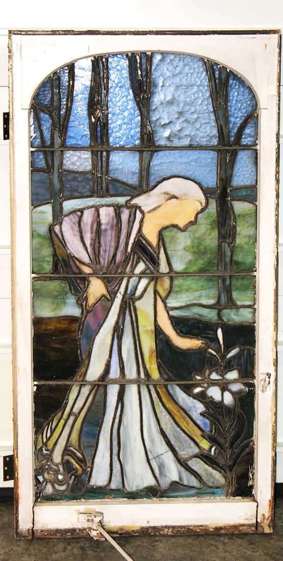 Beautiful antique 48" figural leaded window. Estate fresh in the original frame (has a few small: Beautiful antique 48" figural leaded window. Estate fresh in the original frame (has a few small lines like they all do). Size with frame is 25" wide, 48" tall.