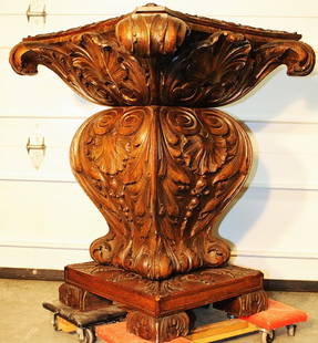 Outrageous antique oak pedestal/planter with massive carvings. All in the original finish, comes: Outrageous antique oak pedestal/planter with massive carvings. All in the original finish, comes apart in 3 sections. Very heavy and aolid (possibly has a recessed metal planet at one time) or just pu