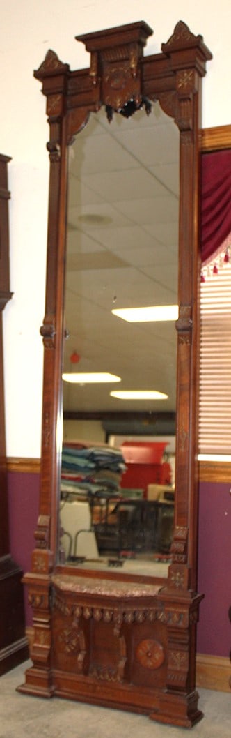 Fine Eastlake 8.5' pier mirror with rose colored marble and gold incising. Nice original finish, (1 of 6)