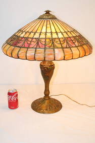 Huge 20" signed Royal art glass leaded overlay lamp with great colors, Gilded gold leading, 2 tone (1 of 7)