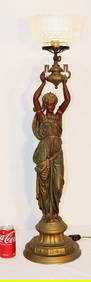 Fabulous 3' neoclassical newel post lamp of a beautiful lady holding an urn with a fine cut glass (1 of 7)