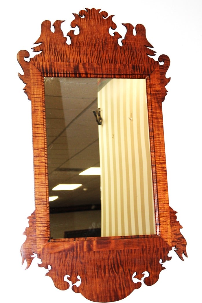 High quality custom made tiger maple Chippendale mirror in nice condition. Heavy tiger tripping, has (1 of 4)