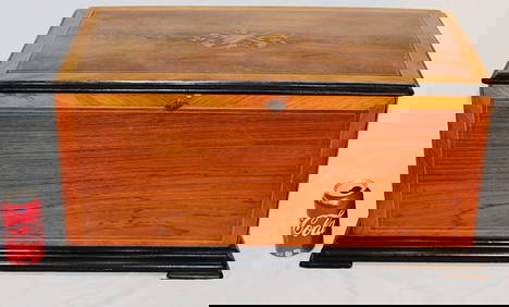Huge cylinder music box with drum and bells (working). Inlaid with musical instruments in rosewood (1 of 6)