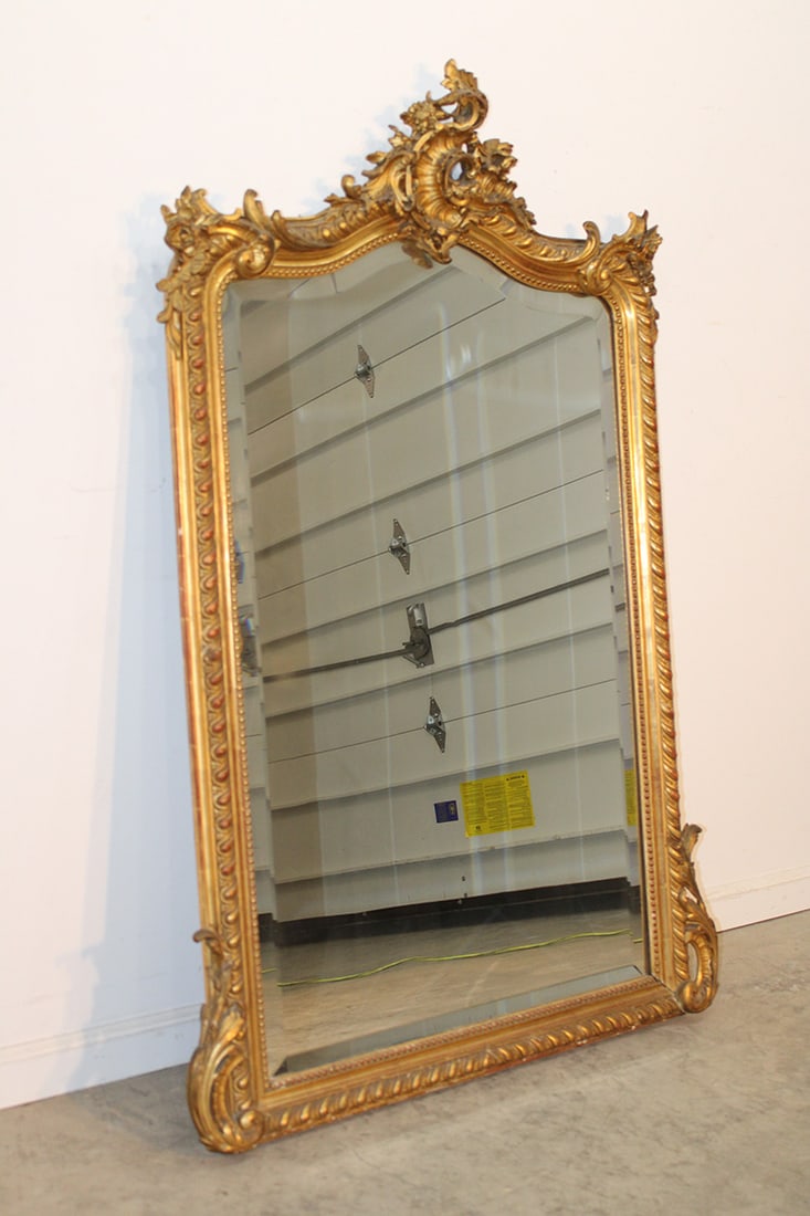 Exceptional 19th C. gold gilt French Louis XV style mirror. Has the original gilding, shaped beveled (1 of 5)