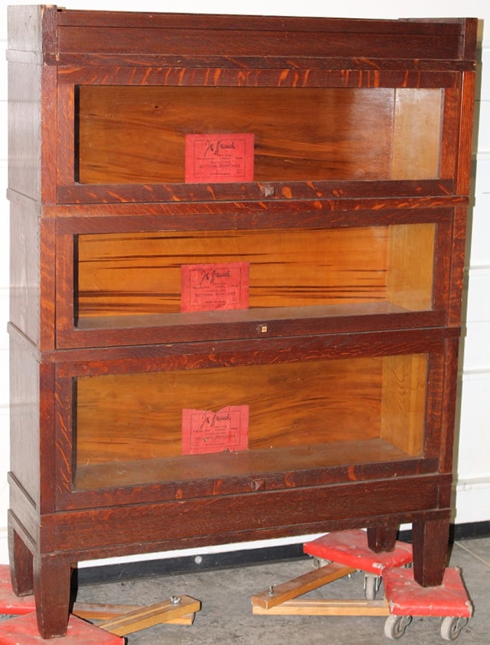 3 section mission oak Globe Wernicke stack bookcase. Clean original finish, sold by John Wanamaker (1 of 5)