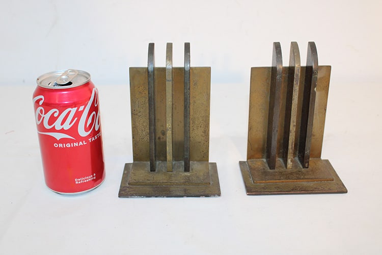 Pair of Chasse Von Nessen cathedral art deco bookends. Older original patina, some wear. 4" wide, 6": Pair of Chasse Von Nessen cathedral art deco bookends. Older original patina, some wear. 4" wide, 6" tall, 3" deep.