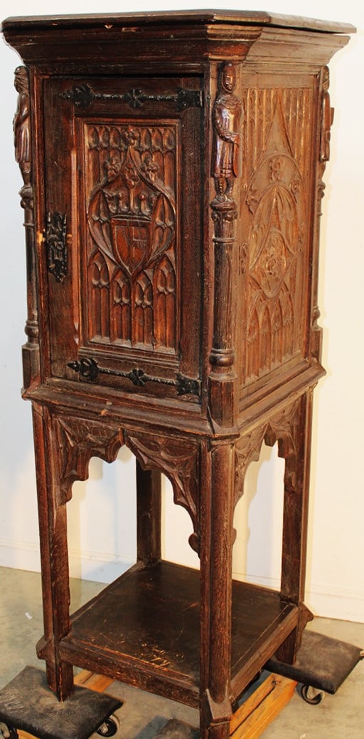 Small oak gothic 1 door cabinet with medieval carvings 19th C. Iron strap hinges, hand carved on all (1 of 4)
