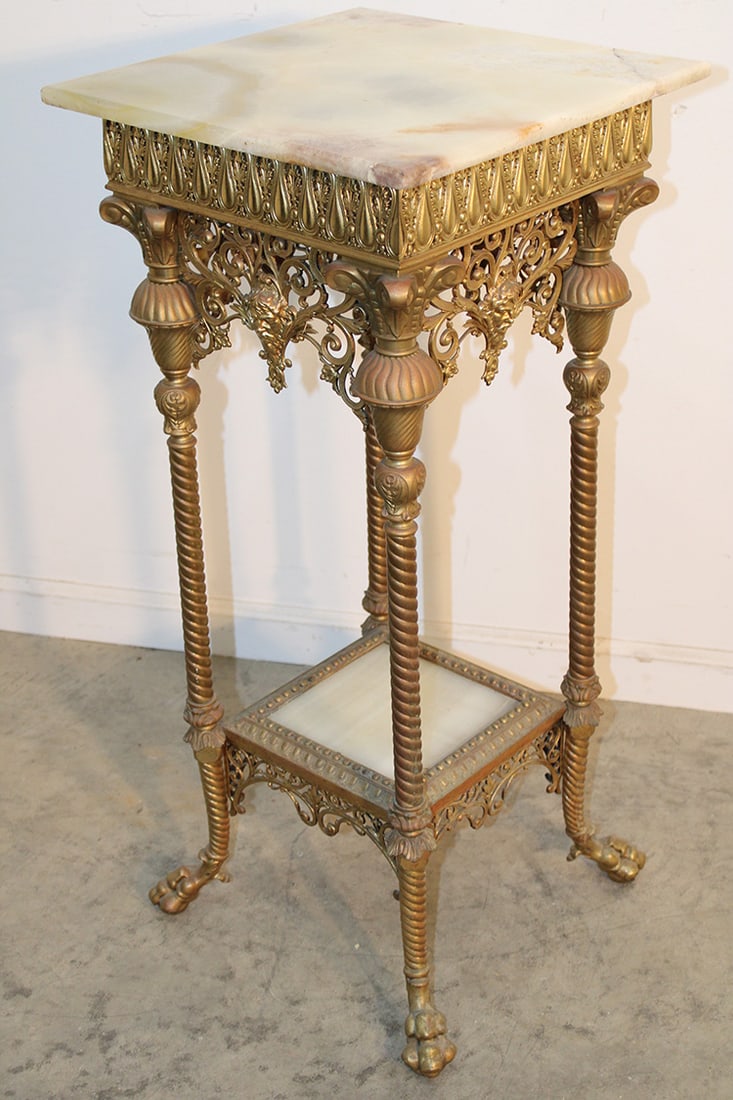 Heavy Victorian brass and onyx plat stand with Northwind heads and claw feet, rope twist columns. (1 of 6)