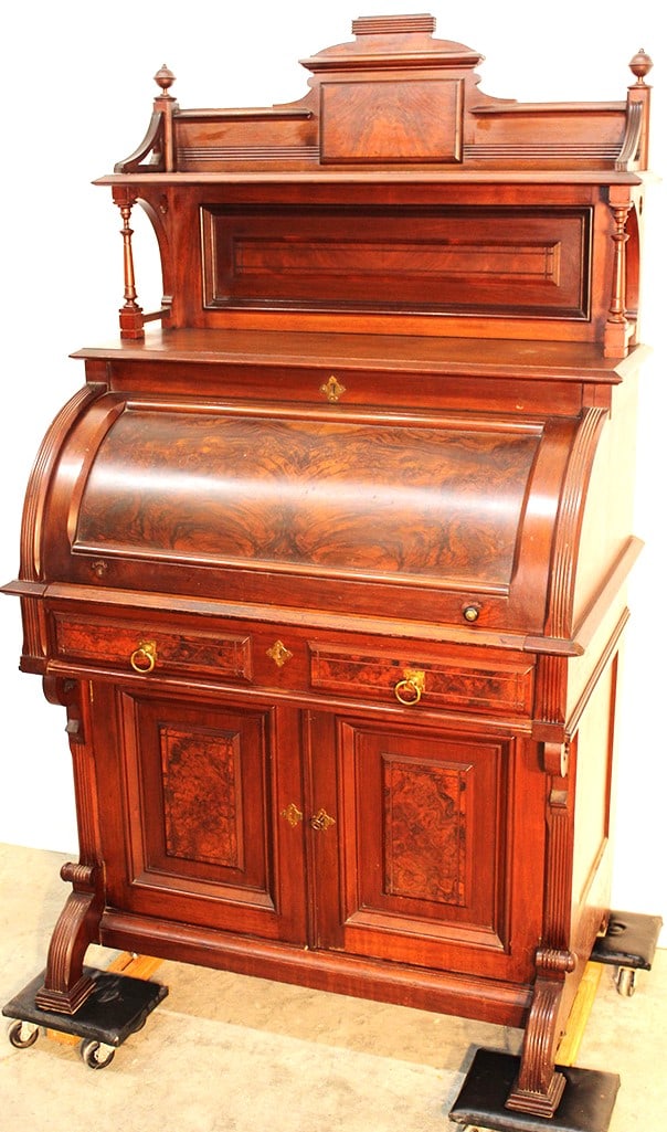 Clean walnut Victorian cylinder roll desk with double gallery. Crisp original finish, nicely burled (1 of 6)
