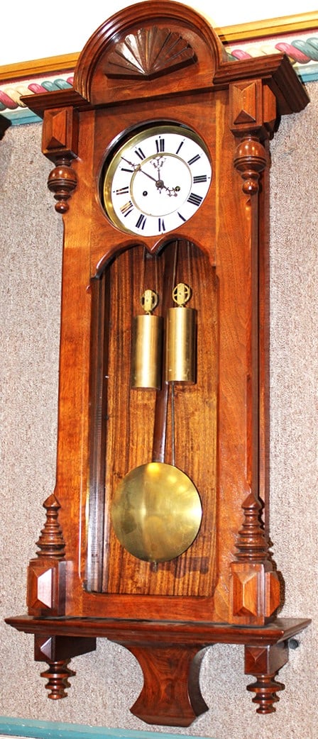 1 weight driven Gustav Becker regulator clock in walnut. Fan carved top in nice condition. Missing (1 of 4)