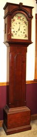 Early wooden works grandfather clock in cherry. Hand painted face with roses, pendulum, weights, and (1 of 7)