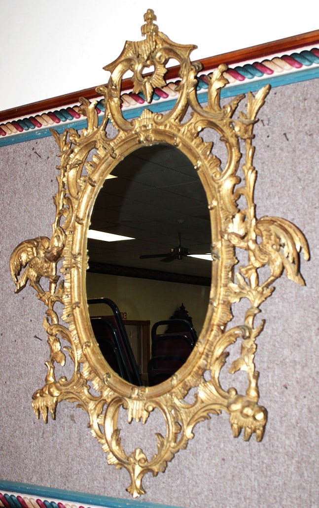 Large gilt mirror with large carved birds in nice condition. Estate fresh. Mirror has age - mid 20th (1 of 6)
