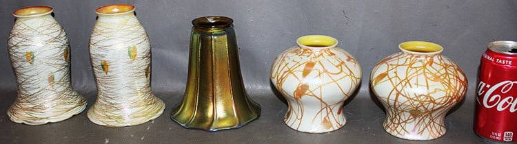 5 antique art glass shades, (3) Steuben and (2) Quezal. 3 are signed, all good and great colors. (1 of 8)