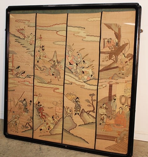 Antique oriental hand made scenic war scene (probably Chinese) on fabric in 4 separate panels in an (1 of 9)